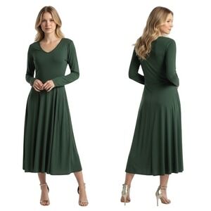 Peruvian Connection Womens Midi Pocket Dress L Green Pima Cotton Long Sleeve Pre